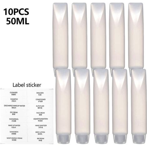 10 flaconi da viaggio vuoti in plastica trasparente da 50 ml. Tubetti dosatori comprimibili per shampoo, lozioni, creme e cosmetici. Compatti e facili da usare. (1/5)
