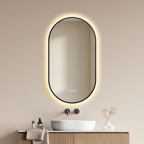 EMKE LED Badezimmerspiegel 75 x 45 cm in ovaler Kapselform, Badspiegel mit Beleuchtung, Antibeschlag, Dimmbar, 3 Lichtfarben Schwarz (1/5)
