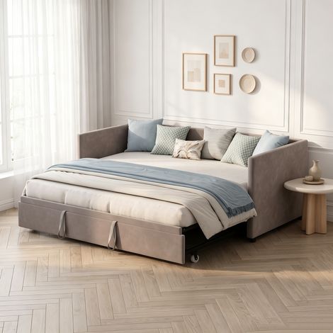 Lit Gigogne 90/180×200, Canapé lit extensible, Lit rembourré en velours, sommier à lattes – Pour petits espaces, sans matelas