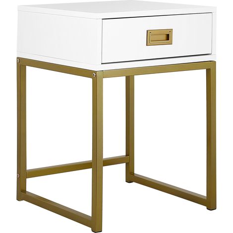 Mesita de noche blanca con cajón de almacenamiento con base de metal dorado y mesita de noche glamour