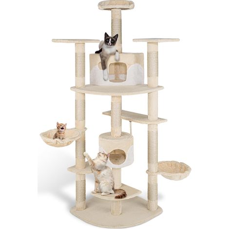 Arbre à chat griffoir en sisal 201 cm avec 2 cabanes, 2 couchettes latérales et hamac (1/5)