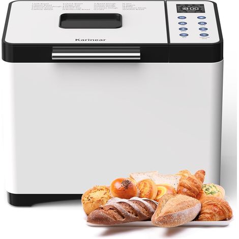 Karinear Machine à pain avec 20 programmes - Avec gants - Départ différé de 15 heures - En acier inoxydable - Avec 3 tailles de pain et couleurs croûtes - Blanc (1/5)