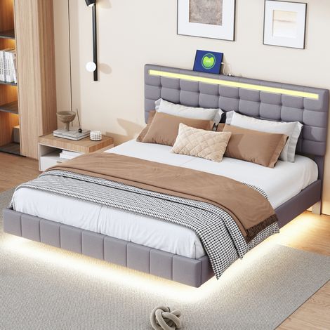 Polsterbett Leinenstoff Grau 160x200 cm mit LED-Beleuchtung und versteckten Bettfüßen (1/5)