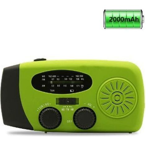 Emergency Solar Weather Radio, Earthquake Kit, Hand Crank, Self-Powered, AM/FM/WB, Crank Survival Radio, LED Flashlight, 2000 mAh Power Bank for iPhone and Smartphones (Green) (1/5)