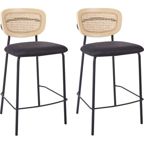Conjunto de 2 sillas de bar modernas trenza vienesa respaldo de ratán taburetes asiento de poliéster patas negras sin reposabrazos negro Mayetta