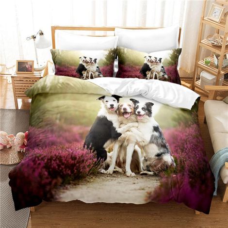 Bettwäsche 200x200 cm 3D Border Collie Hunde Mikrofaser 3-teilig mit Reißverschluss