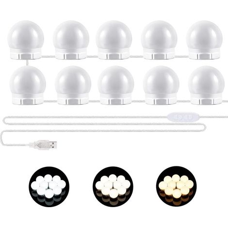 Lumière Miroir Hollywood 10 Ampoules Dimmables 3 Couleurs 10 Niveaux avec Adaptateur pour Maquillage Coiffeuse (Miroir Non Inclus) (1/5)