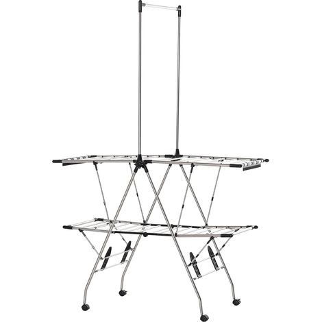 Séchoir à Linge étendoir Pliable avec roulettes Grand Espace d'étendage Acier Inoxydable 138,5 x 63 x 208 cm Argent Noir (1/5)