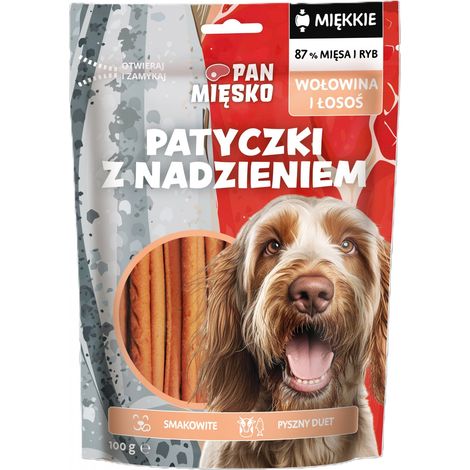 Mr. Meat Snack morbidi per cani Confezione da 100 g - Bastoncini ripieni - Manzo e salmone 100 g