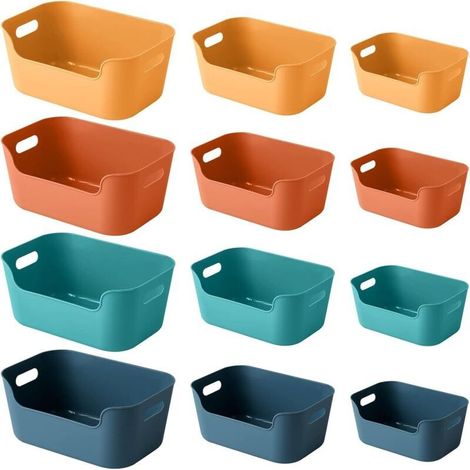 Cestas de almacenamiento de plástico, juego de 12 cestas apilables con asas para estantes de cocina, baño, habitación infantil, armario y oficina (4 colores, 3 tamaños) (1/5)