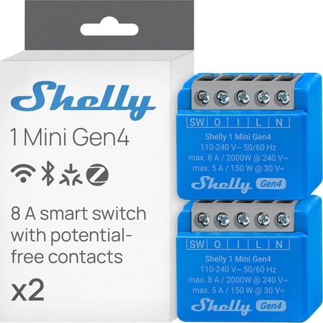 Shelly 1 Mini Gen4 - x2, Matter Schaltmodul, Zigbee, Wi-Fi, 1 Kanal 8A, Trockenkontakte, Trockenkontakte, Türöffner de verbundene Garage, Control per App, Compatible mit Alexa, Google,SmartThings,Appl