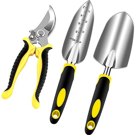 Outils de jardinage, kit de jardinage 3 pièces en aluminium antirouille pour adultes, comprenant un sécateur, une pelle, une truelle et un transplantoir. (1/4)