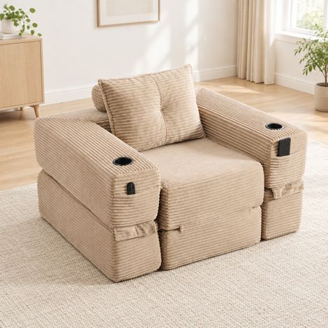 Canapé convertible pliable en velours côtelé, porte-gobelet et accoudoirs amovibles, kaki OKMYHOME (1/5)