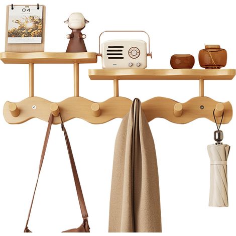 Porte-manteau mural avec étagère, porte-manteau en bois avec 6 crochets robustes, design monté sur perceuse pour suspendre vêtements, chapeaux, serviettes, sacs et peignoirs (couleur naturelle) (1/5)