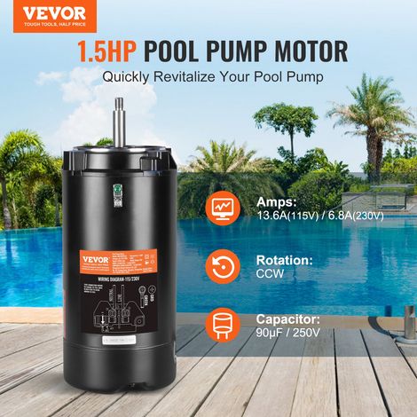 Moteur de pompe de piscine 1,5 CV 56J 115 V (13,6 A)/230 V (6,8 A) 3450 tr/min facteur de service 1,3, condensateur 90 μF/250 V mot… (1/5)