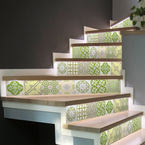 Stickers adhésifs escalier carrelages contremarche - NUANCE DE VERT - 2 bandes de 19.5x136.5cm (1/3)