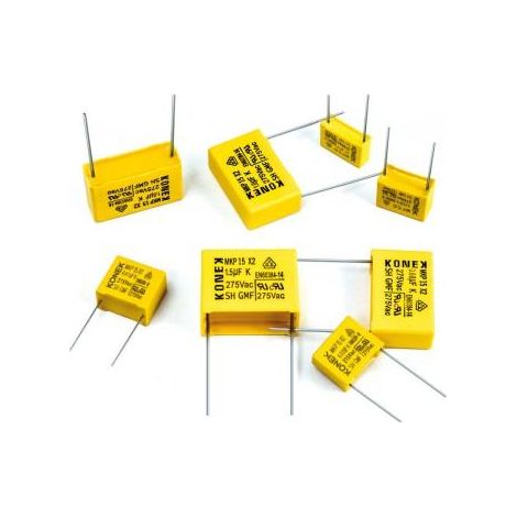 Condenseur polypropylène X2 1uF 275Vac – Capacité 1uF ± 5% – Trame 27,5mm – Logement plastique pour circuits électroniques – Konek - 1mf275vac