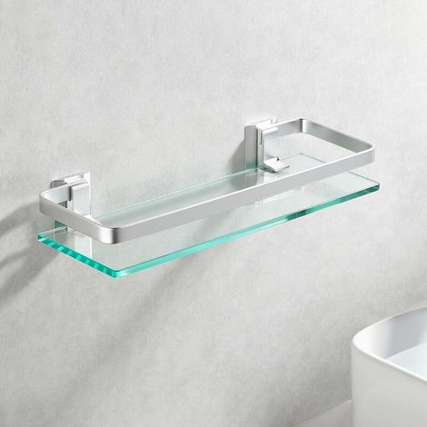 Étagère en verre de salle de bain en aluminium Rectangle en verre trempé 1 couche extra épaisse argent sablé support mural (1/5)