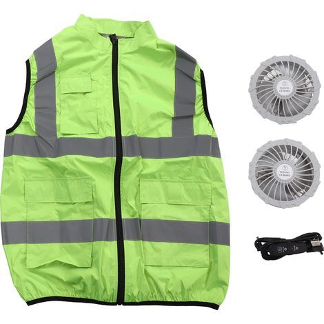 Summer vest with cooling fan, reflective striped summer vest, rechargeable workwear, fluorescent green 5V XXL (1/5)