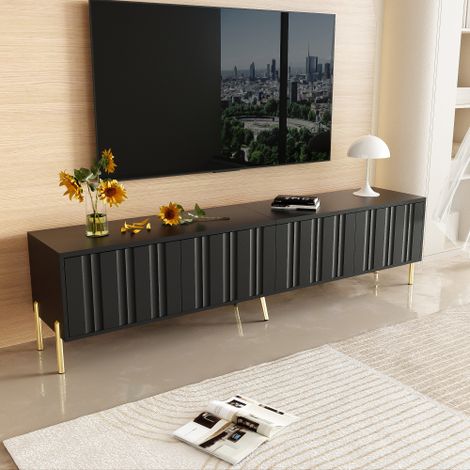 Meuble TV noir 190 x 38 x 48 cm – 8 compartiments de rangement – Charnières amorties pour ouverture silencieuse – Pieds de 15 cm pour nettoyage facile (1/5)