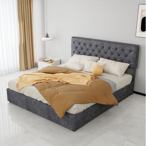 Lit 160/200 cm gris en tissu et métal avec tête de lit haute et espace de rangement (1/5)