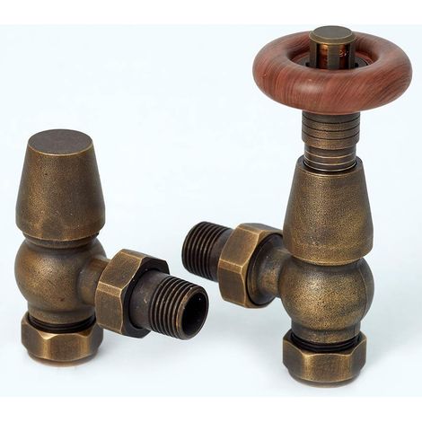 Oxford Traditional Antique Brass Angled Thermostatic TRV Radiator Valve 1/2 - 15mm central heating Column, panel, flat tube, designer rads (1/3)