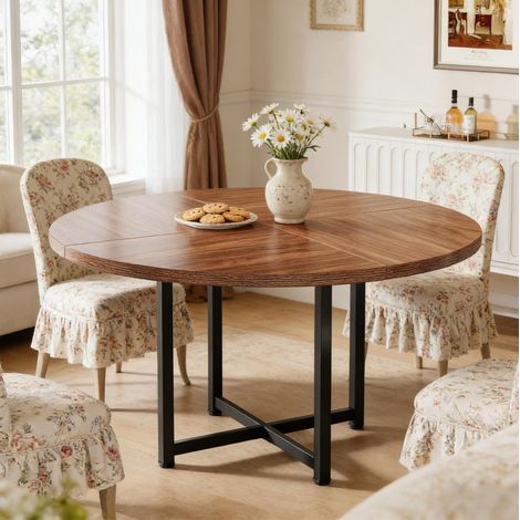 Mesa de comedor redonda industrial 120 cm, madera marrón y metal negro (1/5)