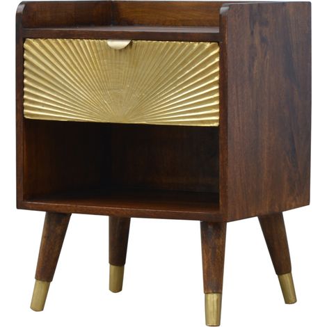 Table de chevet en bois massif Manila Gold, 1 tiroir, 1 étagère, marron foncé et doré (1/5)