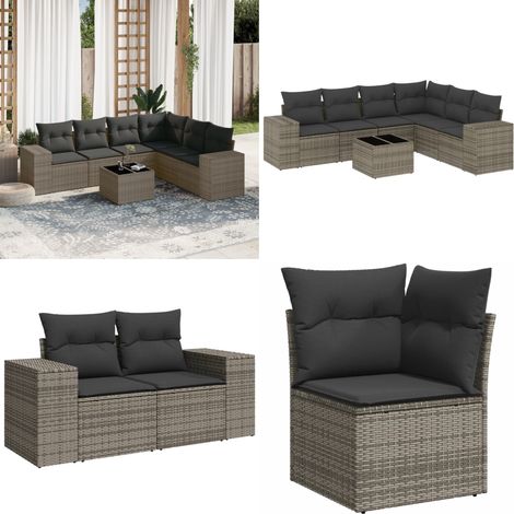 Salon de jardin avec coussins 7 pcs gris résine tressée - Ensemble Salon De Jardin - Meuble De Jardin - Jardin Design - Mobilier Exterieur - Chaise Lounge - Home & Living (1/5)
