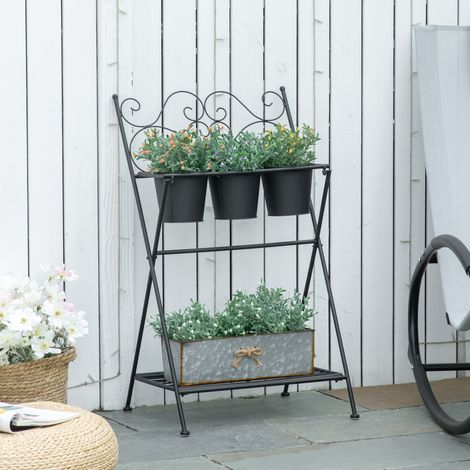 Zusammenklappbarer Pflanzenständer aus Metall, Pflanztopf-Set mit Ablage für Haus und Garten, 47 x 37 x 78,5 cm, Schwarz