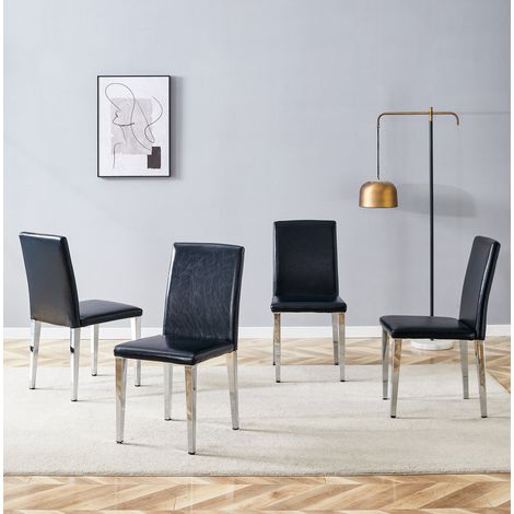 Set di 4 sedie da pranzo DESVIAE, schienale alto, PU nero e gambe in metallo argento (1/5)