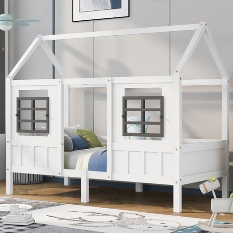 Lit cabane enfant simple avec 2 fenêtres cadre pin MDF blanc 200x90cm