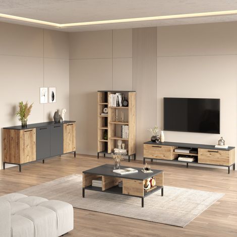 Conjunto de Muebles de Sala Foza, Modular, 15 Estantes, 6 Puertas, Roble Nudos Marrón (1/5)