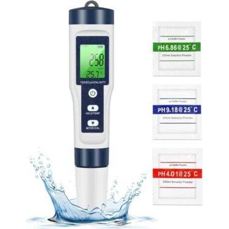 PH TDS mètre, testeur de qualité de l'eau 5 en 1 PH/TDS/EC/sel/température TDS mètre LCD rétro-éclairage vert pour piscine/aquarium/étang (1/4)
