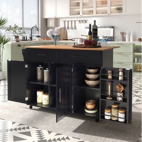 Carrito de cocina con tapa elevable, móvil, 129x46/71x91,5 cm, 3 puertas, 2 cajones, MDF negro antiguo (1/5)