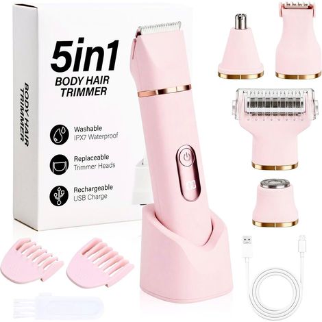 Women's Electric Shaver, 5 in 1 Women's Intimate Trimmer, Women's Electric Shaver with LCD, Waterproof IPX7, USB-Recharge Station, Wet/Dry, for Face, Nose, Armpits, Legs, Bikini, Body (1/5)