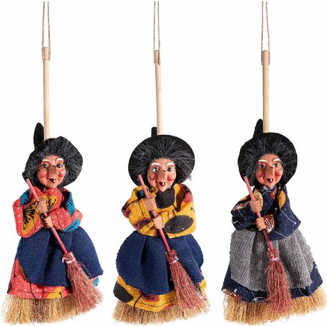 Streghe Befane decorative da appendere con abito in stoffa e scopetta, realizzate in resina, set da 6 pezzi, cm 27 H