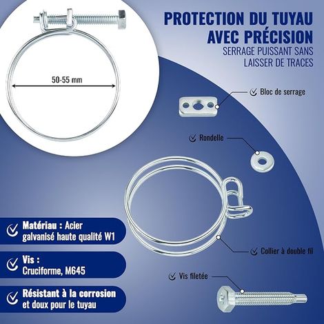 Collier de Serrage Double Fil W1 en Acier Galvanisé, Plage de Serrage 50-55mm, Diamètre Fil 2 mm (1/3)