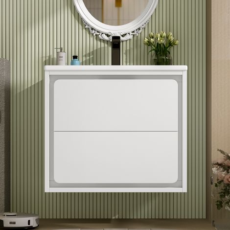 Meuble sous vasque mural 60x46x50cm, blanc laqué, rangement 2 tiroirs, éclairage LED à détecteur radar, glissières silencieuses, lavabo intégré, salle de bain moderne. (1/5)