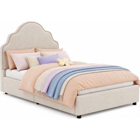 Lit enfant 90 x 200 cm rembourré beige avec tête de lit arrondie en tissu, montage facile, style doux et rassurant pour chambre bébé – CHICFURN (1/5)