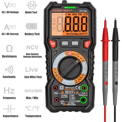Lntyq Multimètre Automatique Numérique TRMS 6000 Points (Guide de Bornes LED), Testeur Electrique Professionnel, Température Capacimètre Tension/Courant AC DC Résistance/Fréquence et Température
