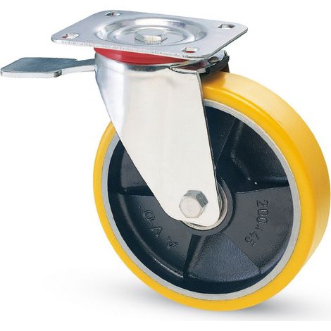 1PZ RUOTA GIREVOLE PER CARRELLI POLIURETANO+FRENO art.24 mm. 80-piastra mm.100x