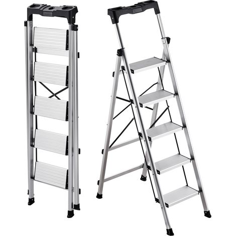 VEVOR Scaletta Pieghevole Salvaspazio con 5 Gradini con Ampio Pedale Antiscivolo e Impugnatura Comoda, Scala a Pioli Portatile in Alluminio con Capacita di 150 kg, Multiuso per Cucina, Magazzino