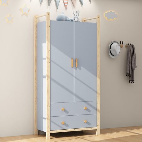 Armoire 2 portes penderie 2 tiroirs – Panneaux particules – Bleu/cadre pin – 90x45x180cm – Chambre/Entrée (1/5)