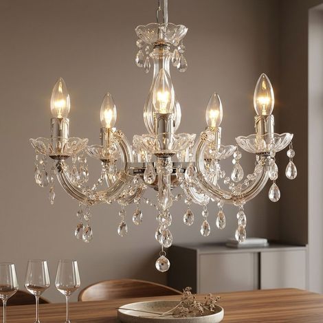 Kronleuchter Luster Esszimmerlampe Kristallbehang Chrom Metall H 128 cm (1/5)