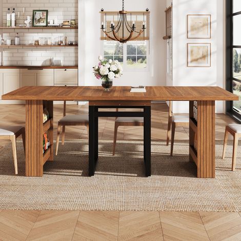 Table à manger extensible 120/160/200 x 80 x 78 cm en MDF et métal finition bois foncé, rangement caché dans les pieds, 3 rallonges. (1/5)