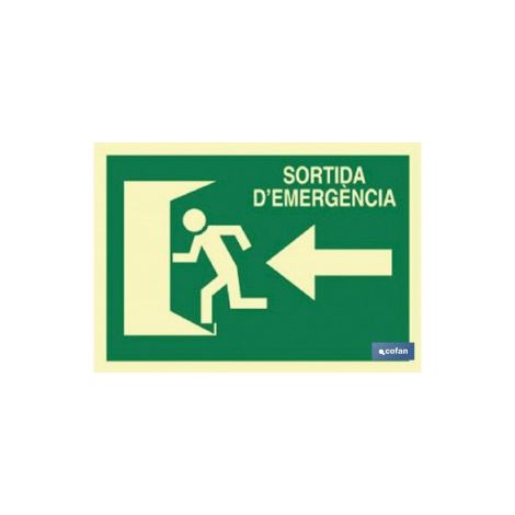 Panneau de sortie de secours luminescent 297x210 mm avec texte et pictogramme.