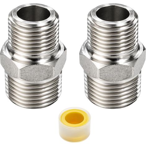 2 pièces Raccord double mamelon réducteur en acier inoxydable 1/2" filetage mâle vers 3/8" filetage mâle, adaptateur fileté pour tuyaux et flexibles (1/5)