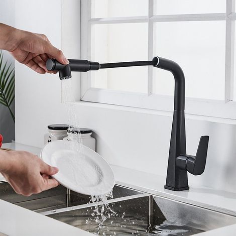 MINKUROW Rubinetto Da Cucina Nero Ad Alta Pressione Con Doccetta Estraibile Rubinetto Da Cucina Girevole A 360° Miscelatore Da Cucina Monocomando Per Lavello (1/4)
