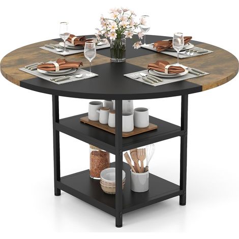 COSTWAY Tavolo da Pranzo Rotondo per 4-6 Persone, Tavolo in Legno con Design Bicolore a Blocchi, 2 Ripiani Portaoggetti e Gambe in Metallo, per Sala da Pranzo, Soggiorno e Ufficio (1/5)